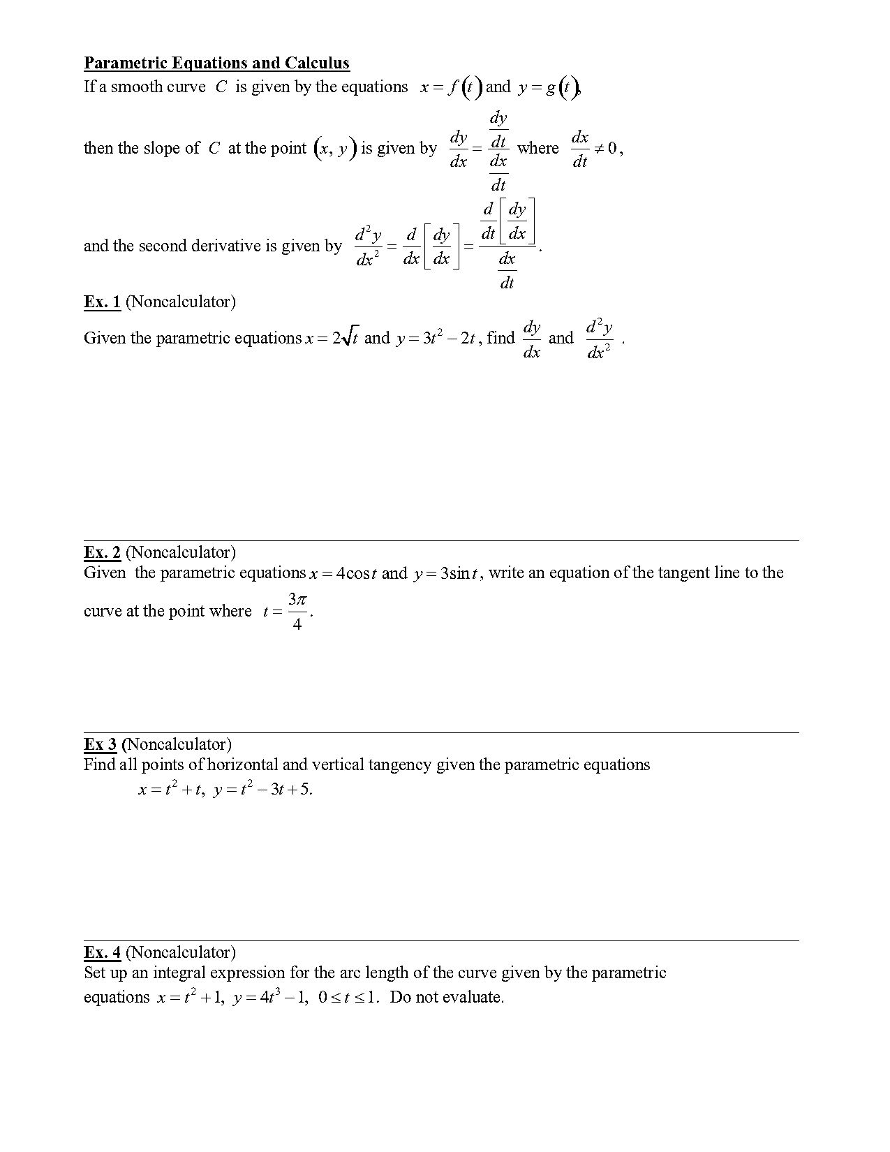 calculus parametric equations worksheet