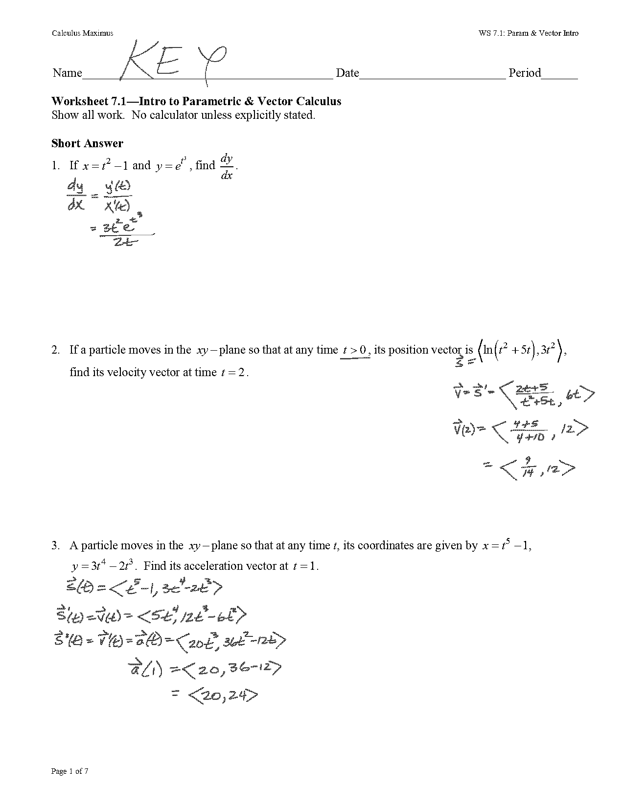 calculus parametric equations worksheet