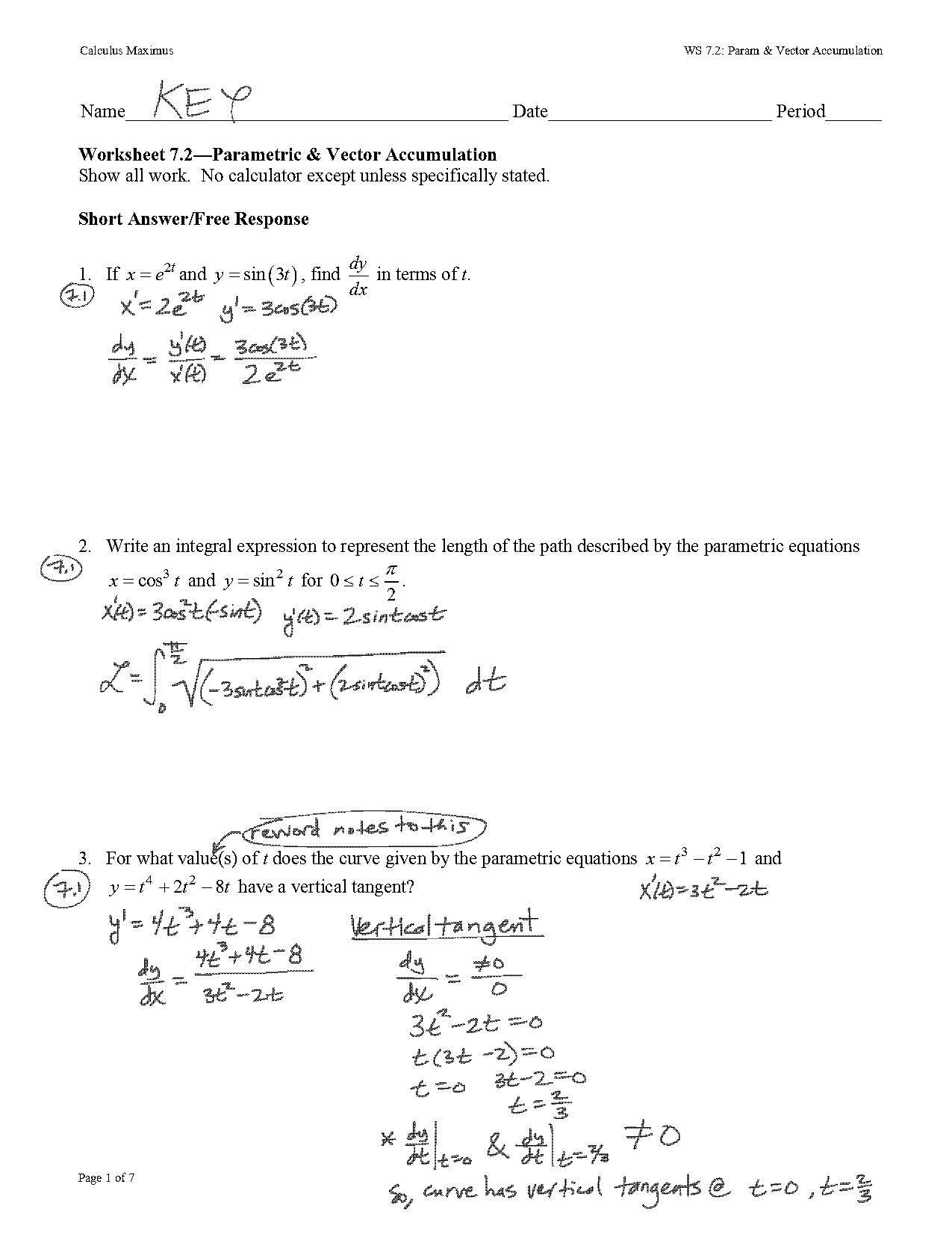 calculus parametric equations worksheet